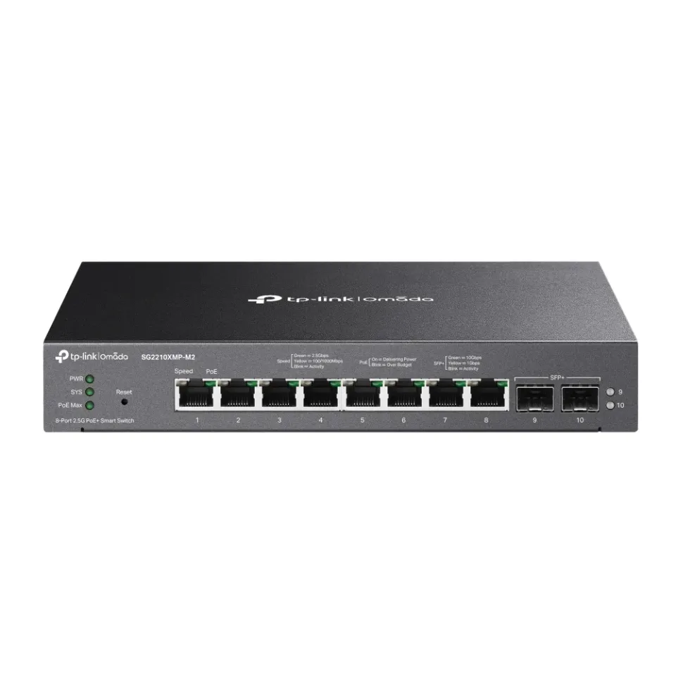 TP-LINK SG2210XMP-M2 Omada inteligentní switch s 8 porty 2.5GBASE-T podporujícími PoE+ a 2 porty 10GE SFP+
