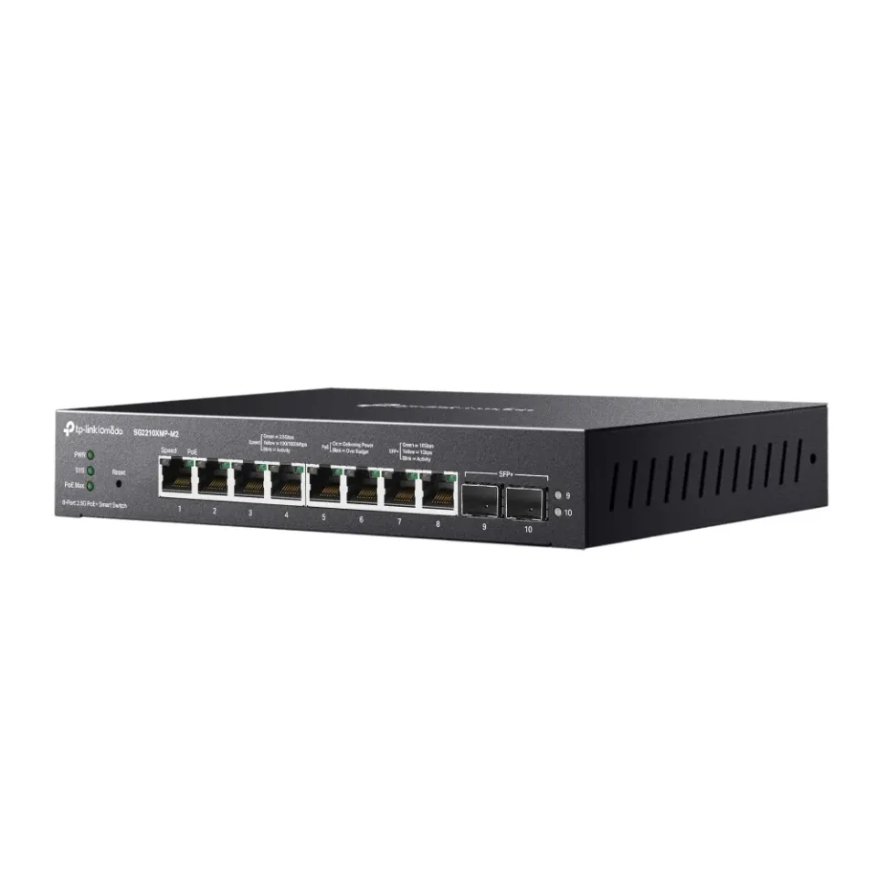 TP-LINK SG2210XMP-M2 Omada inteligentní switch s 8 porty 2.5GBASE-T podporujícími PoE+ a 2 porty 10GE SFP+