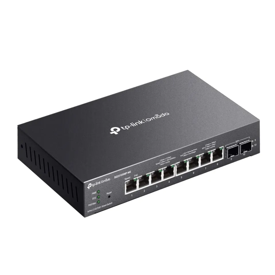 TP-LINK SG2210XMP-M2 Omada inteligentní switch s 8 porty 2.5GBASE-T podporujícími PoE+ a 2 porty 10GE SFP+