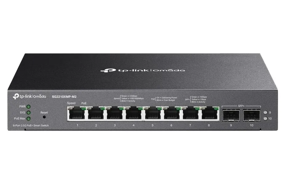 TP-LINK SG2210XMP-M2 Omada inteligentní switch s 8 porty 2.5GBASE-T podporujícími PoE+ a 2 porty 10GE SFP+