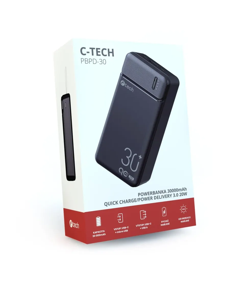 C-TECH Powerbanka 30000mAh, Li-Pol, 20W, USB-C/USB-A/micro USB/PD/Quick charge