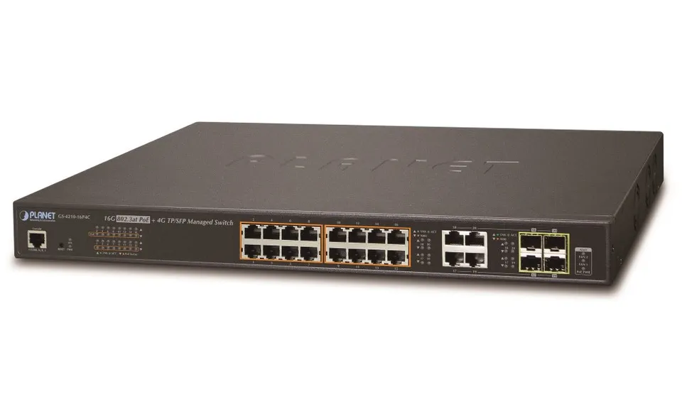 Planet GS-4210-16P4C L2 switch, 20x1Gb, 4x1Gb SFP, 16x PoE 802.3at 220W
