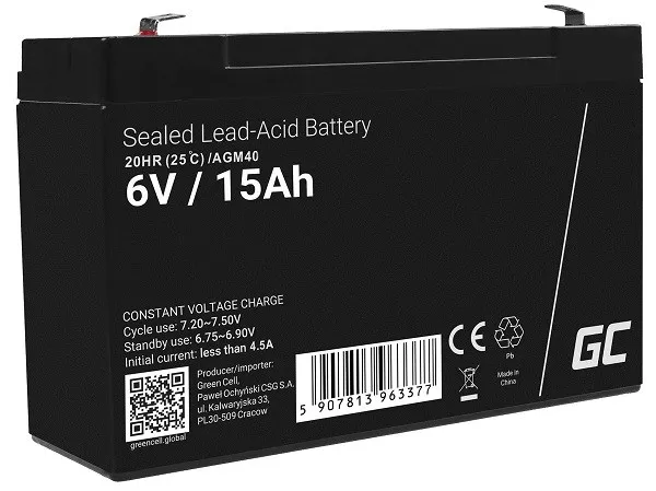 Green Cell AGM VRLA 6V 15Ah maintenance-free battery for the alarm system, cash