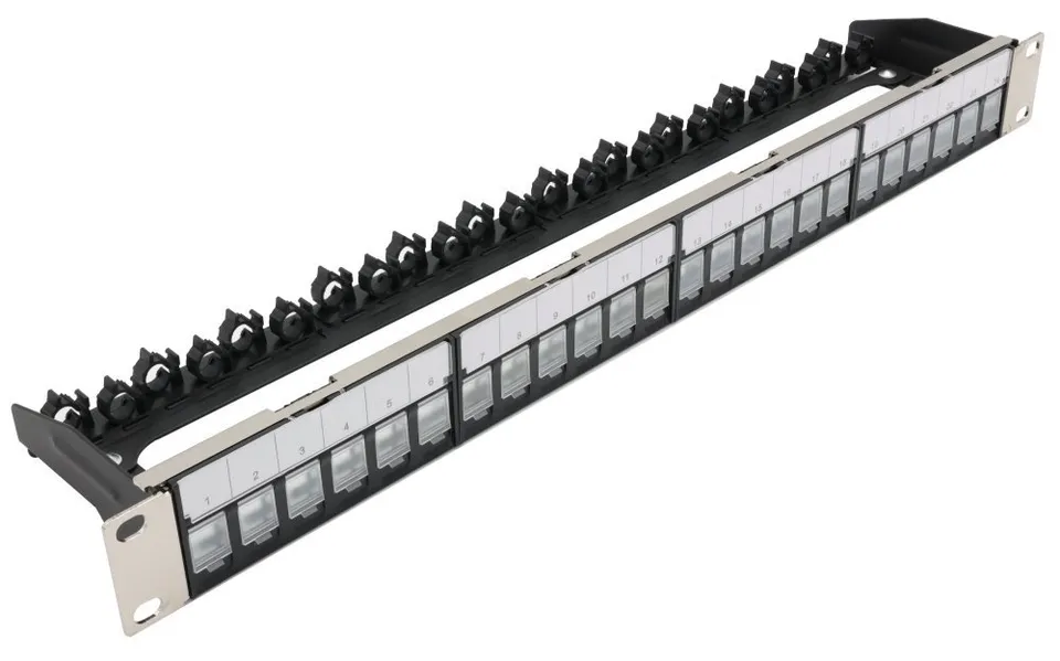 XtendLan Patch panel 19", 24 portů, neosazený, stíněný, černý, Cat5e/6/6A/7, vyvazovák, akce 10+1ks za 1Kč