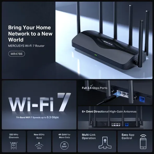 MERCUSYS MR47BE - BE9300 Tri-Band Wi-Fi 7 Router, 2.5G WAN, 3x 2.5G LAN, EasyMes