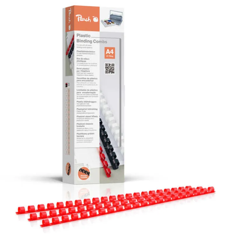 PEACH vazací hřbet plastový Binding Combs 21 Rg A4, 8mm, červený, 100ks