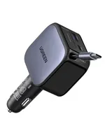 UGREEN rychlonabíječka do auta se zatahovacím kabelem 90W 3-Port, 2x USB-C,1x USB-A, GaN, stříbrná