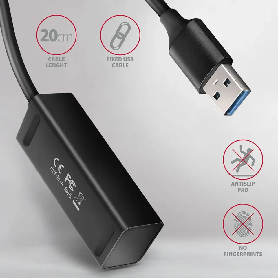 AXAGON HUE-M1A, 4x USB 3.2 Gen 1 MINI hub, kovový, kabel USB-A 20cm