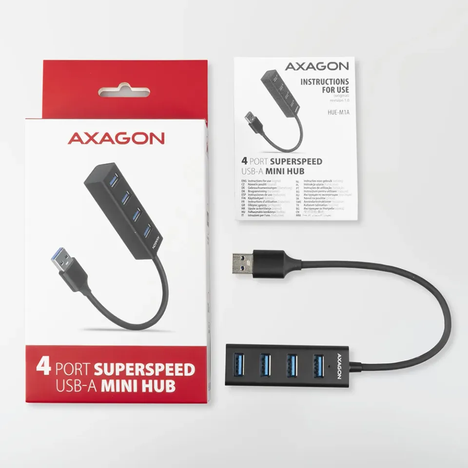 AXAGON HUE-M1A, 4x USB 3.2 Gen 1 MINI hub, kovový, kabel USB-A 20cm