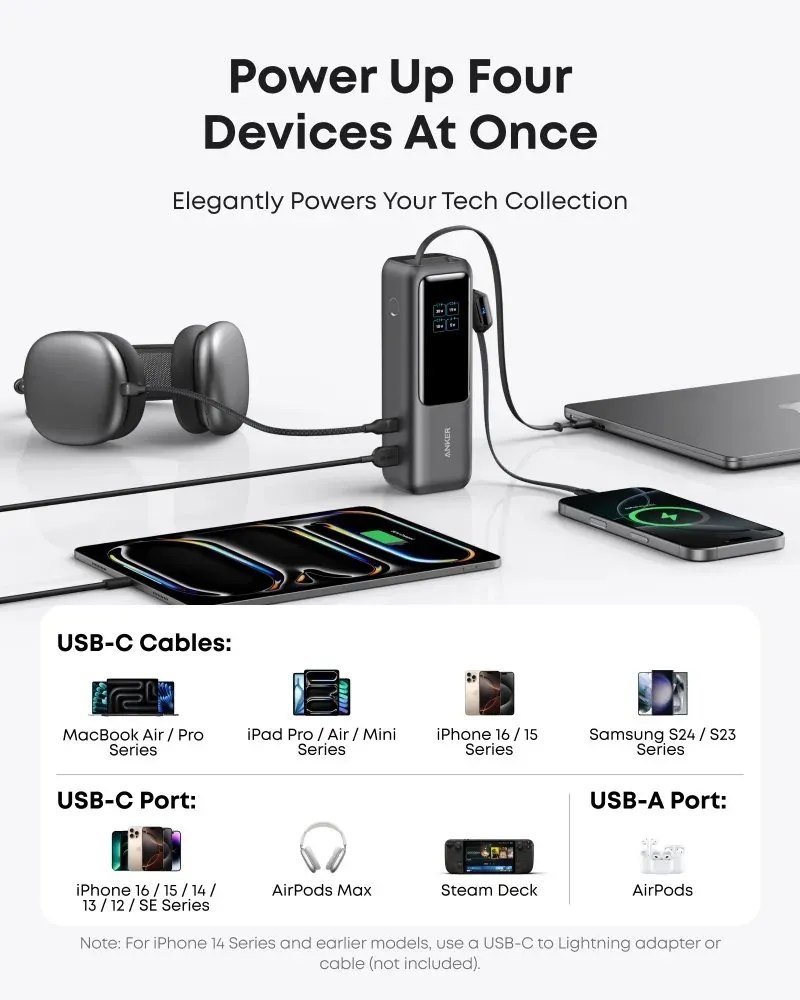 Anker Powerbanka/ 25000mAh/ 165W/ integrovaný USB-C a zasouvací kabel/ černá