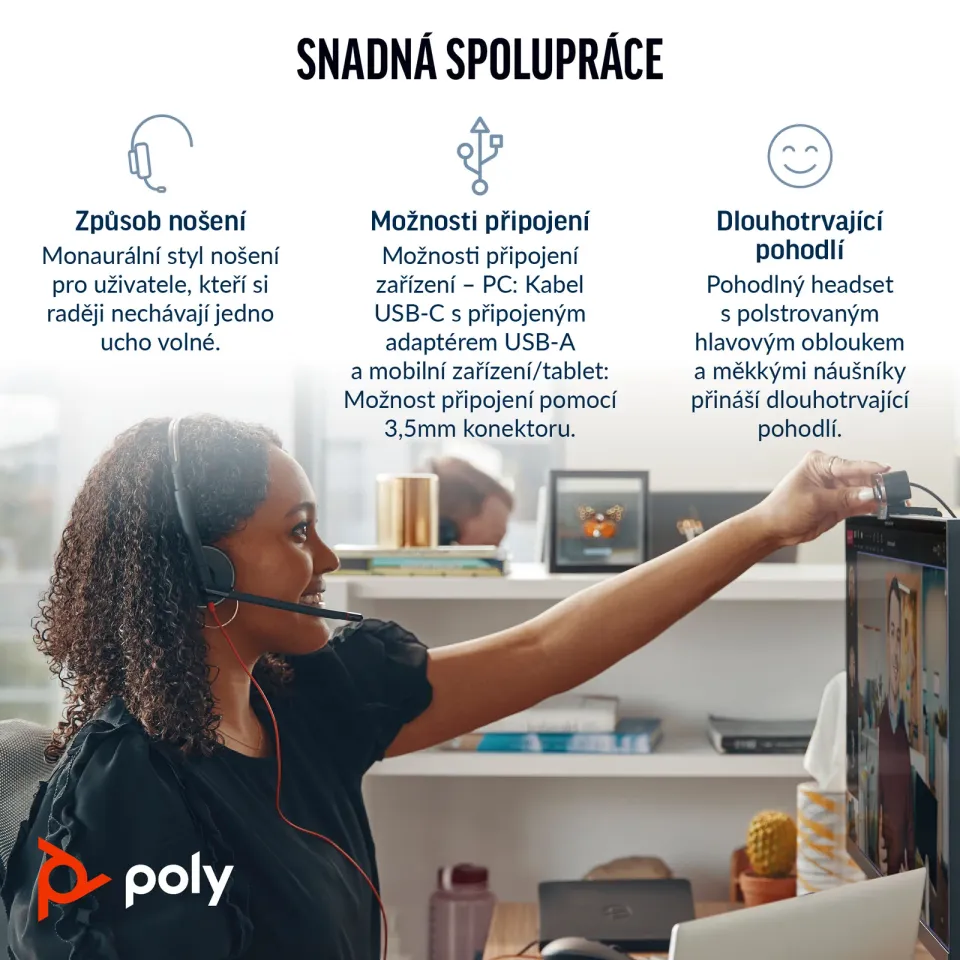 Poly Blackwire 3315 MS Teams náhlavní souprava, 3.5 mm jack + USB-C/A adaptér, mono