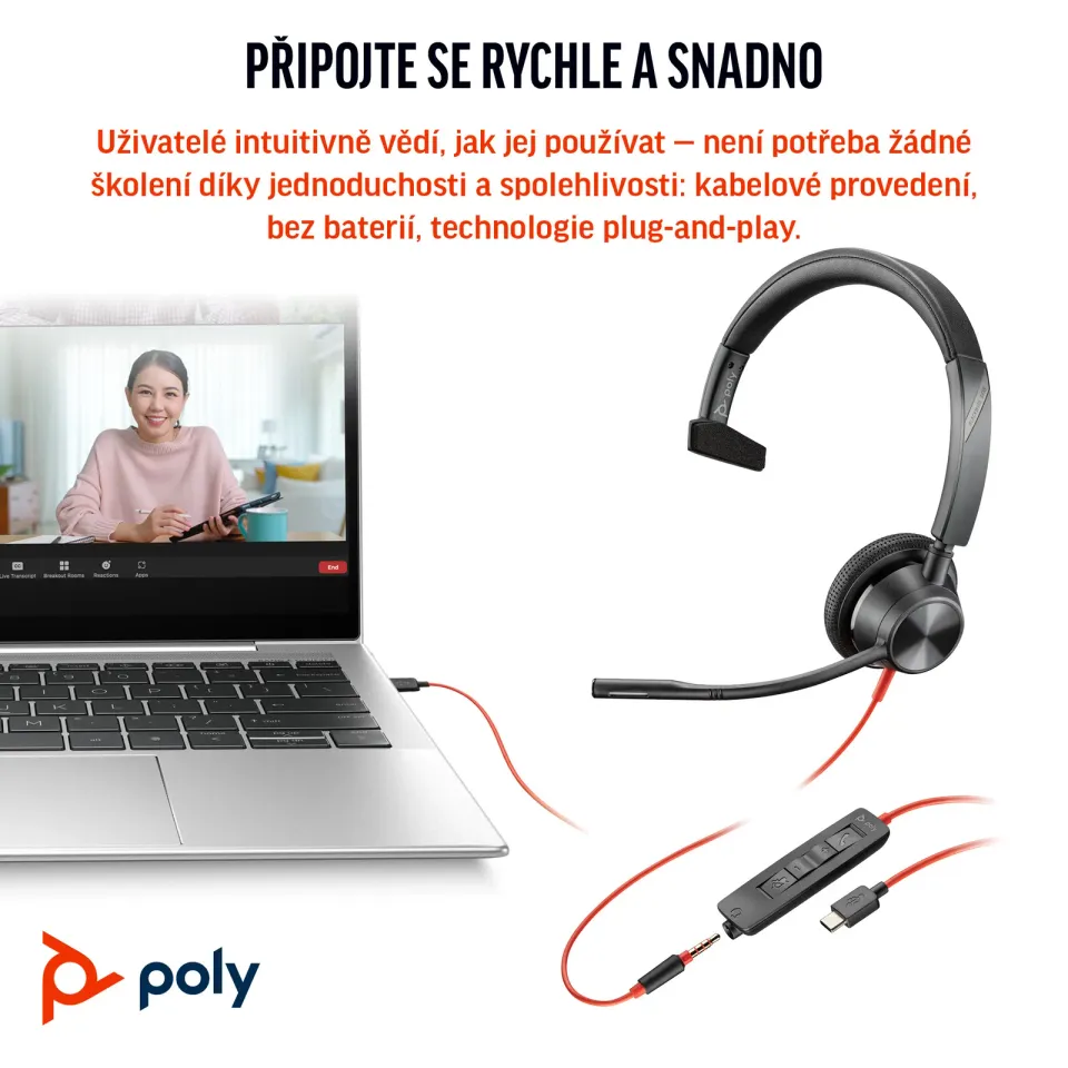 Poly Blackwire 3315 MS Teams náhlavní souprava, 3.5 mm jack + USB-C/A adaptér, mono