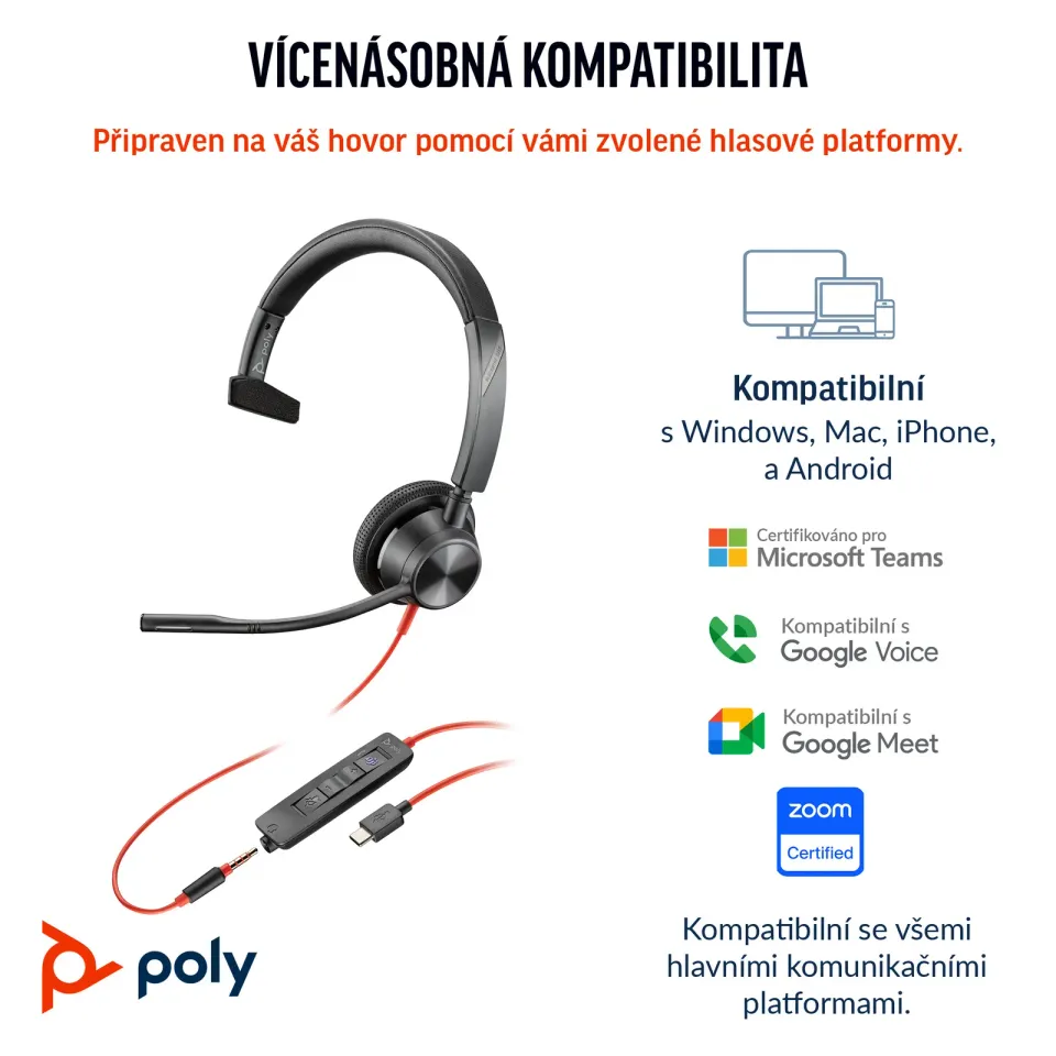 Poly Blackwire 3315 MS Teams náhlavní souprava, 3.5 mm jack + USB-C/A adaptér, mono