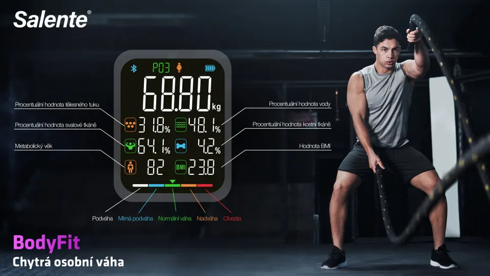 Salente BodyFit, chytrá osobní diagnostická fitness váha, Bluetooth, bílá