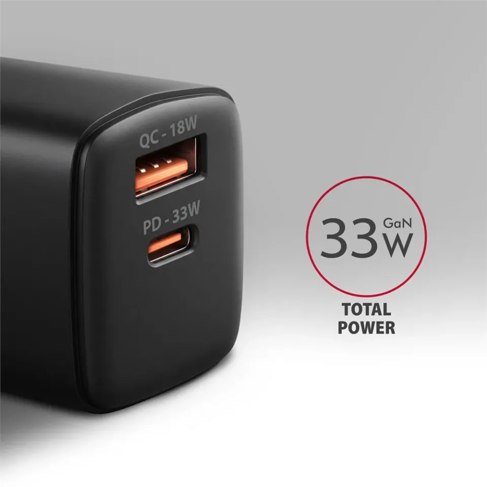 AXAGON ACU-PQ33, GaN nabíječka do sítě 33W, USB-A + USB-C, PD3.0/PPS/QC4+/SFC2.0/Apple, černá