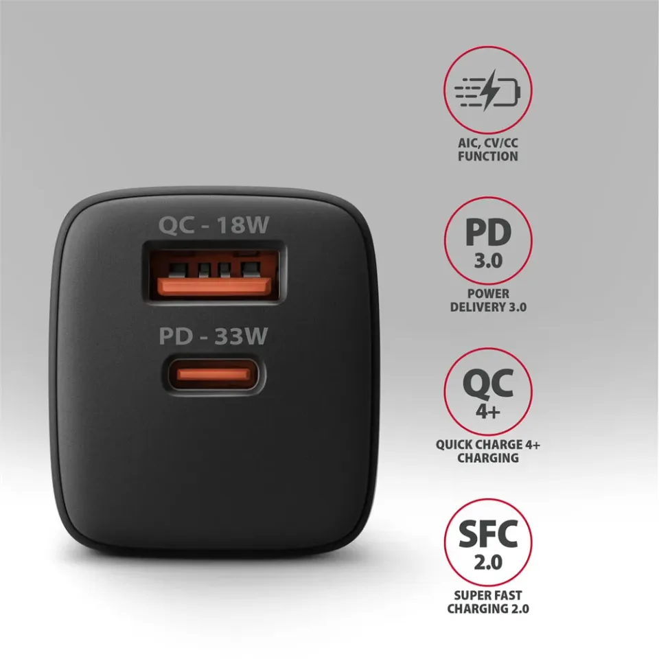 AXAGON ACU-PQ33, GaN nabíječka do sítě 33W, USB-A + USB-C, PD3.0/PPS/QC4+/SFC2.0/Apple, černá