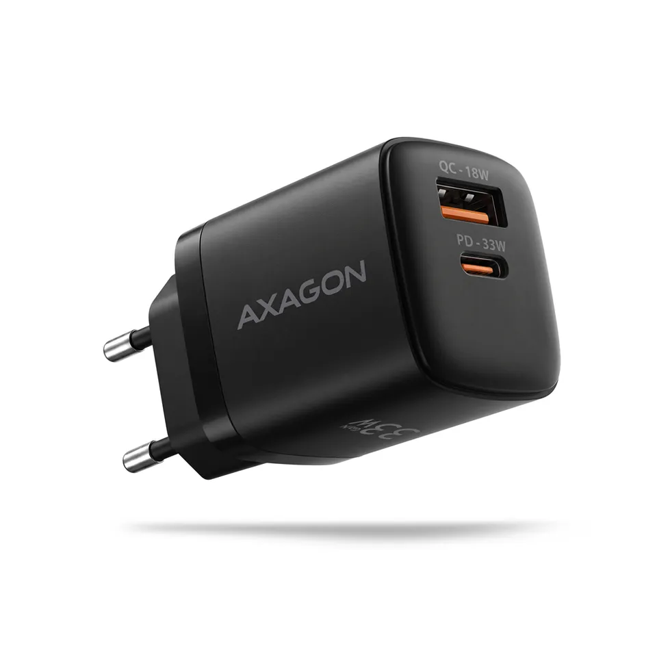 AXAGON ACU-PQ33, GaN nabíječka do sítě 33W, USB-A + USB-C, PD3.0/PPS/QC4+/SFC2.0/Apple, černá