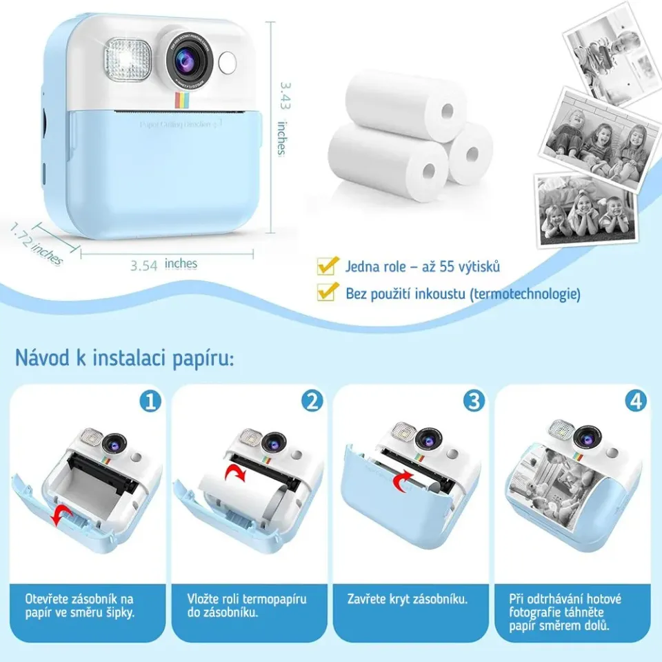 COLORWAY dětský fotoaparát a kamera s tiskárnou CW-PHP01B/ 2,4" IPS/ 1500mAh/ USB-C/ Android/ iOS/ modrá