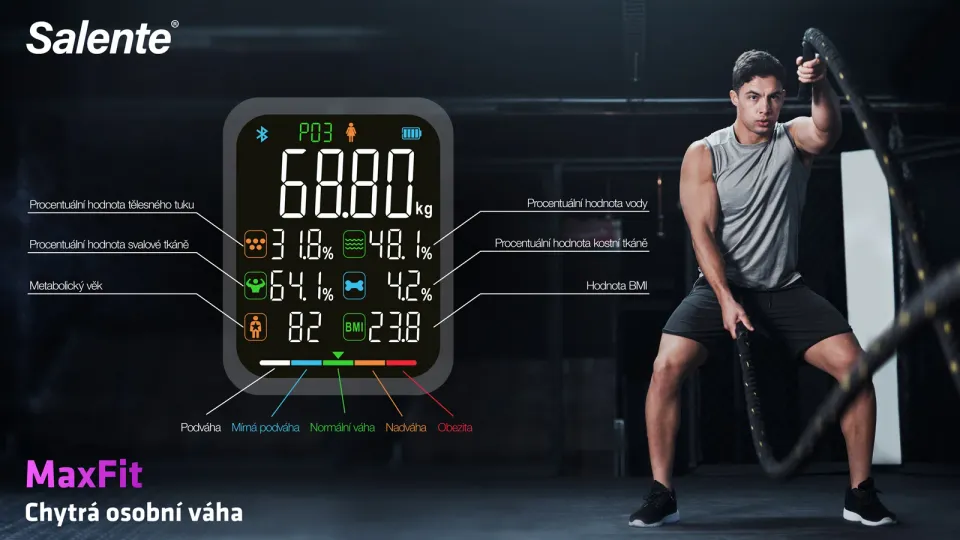 Salente MaxFit, chytrá osobní diagnostická fitness váha, Bluetooth, bílá