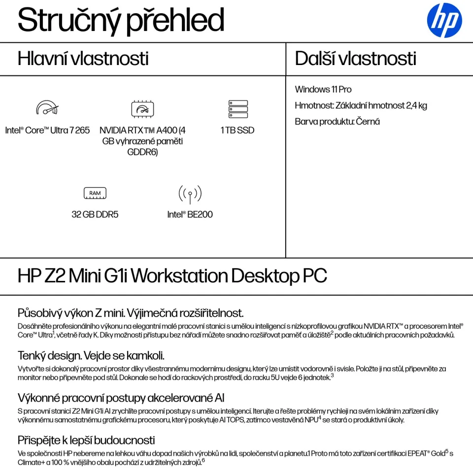 HP PC Z2 Mini G1i Intel Core U7 265 vPro, RTX A400 4GB, 2×16GB DDR5,1TB, no Kb+Mouse,WiFi 7+BT, 280W,Win11Pro,3yo