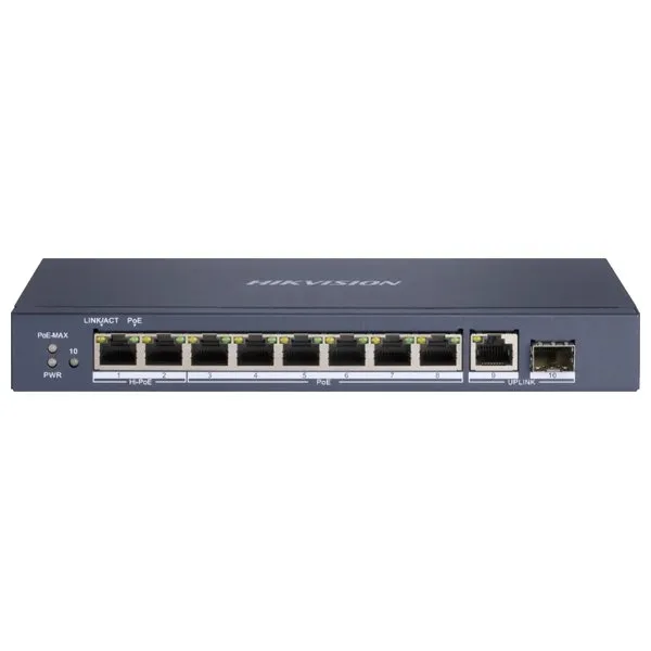 Hikvision DS-3E0510HP-E - full Gb switch 8x PoE (2x HI-PoE), 1x uplink RJ-45 + 1x uplink SFP, 110W, dosah až 300m
