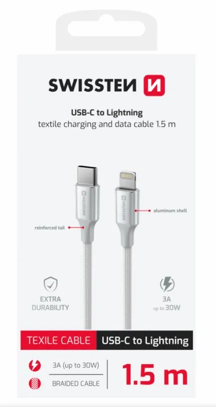 SWISSTEN DATOVÝ KABEL TEXTILE II USB-C / LIGHTNING 1,5 M BÍLÝ