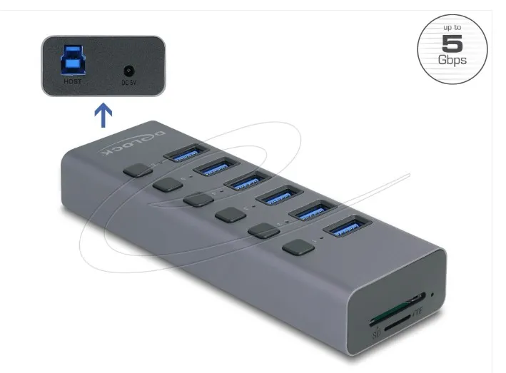 Delock Externí 6 portový rozbočovač USB 5 Gbps s přepínačem a se slotem SD / Mic