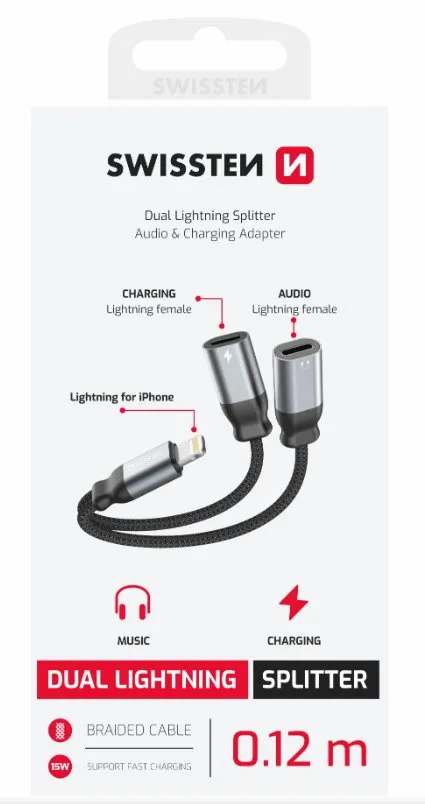 SWISSTEN NABÍJECÍ AUDIO ADAPTÉR TEXTILE LIGHTNING (samec) / 2x LIGHTNING (samice