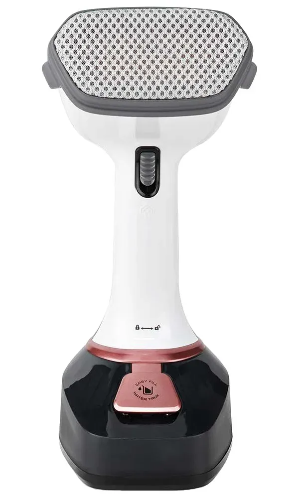 NEDIS napařovač oděvů/ spotřeba 1400 W/ objem vyjímatelné nádržka na vodu 320 ml/ tlak 25 g/m/ černo-růžový