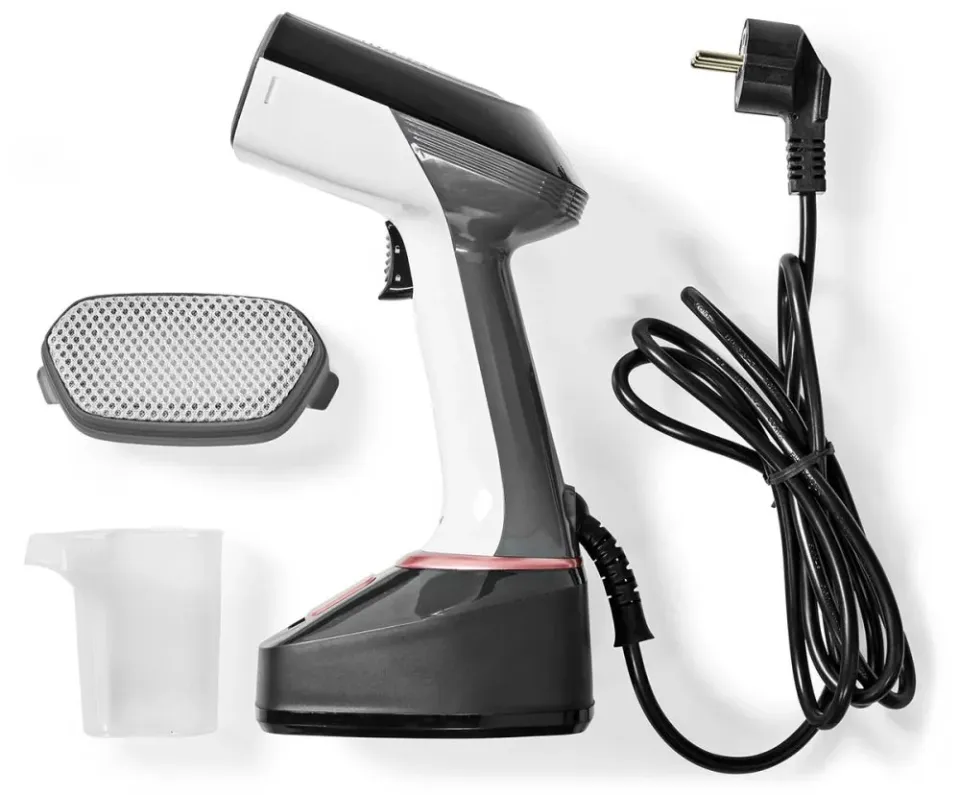 NEDIS napařovač oděvů/ spotřeba 1400 W/ objem vyjímatelné nádržka na vodu 320 ml/ tlak 25 g/m/ černo-růžový