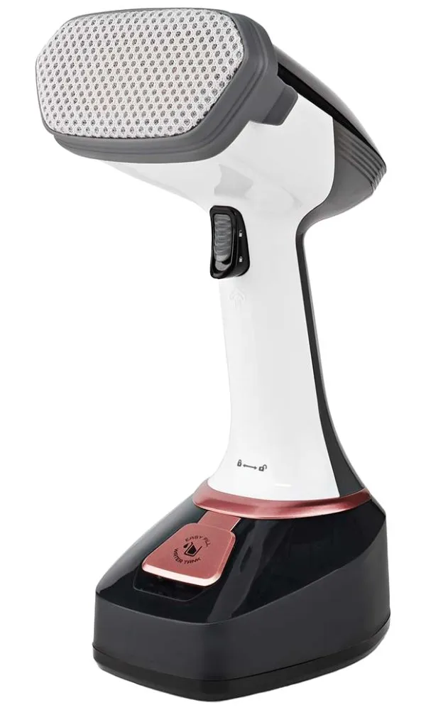 NEDIS napařovač oděvů/ spotřeba 1400 W/ objem vyjímatelné nádržka na vodu 320 ml/ tlak 25 g/m/ černo-růžový