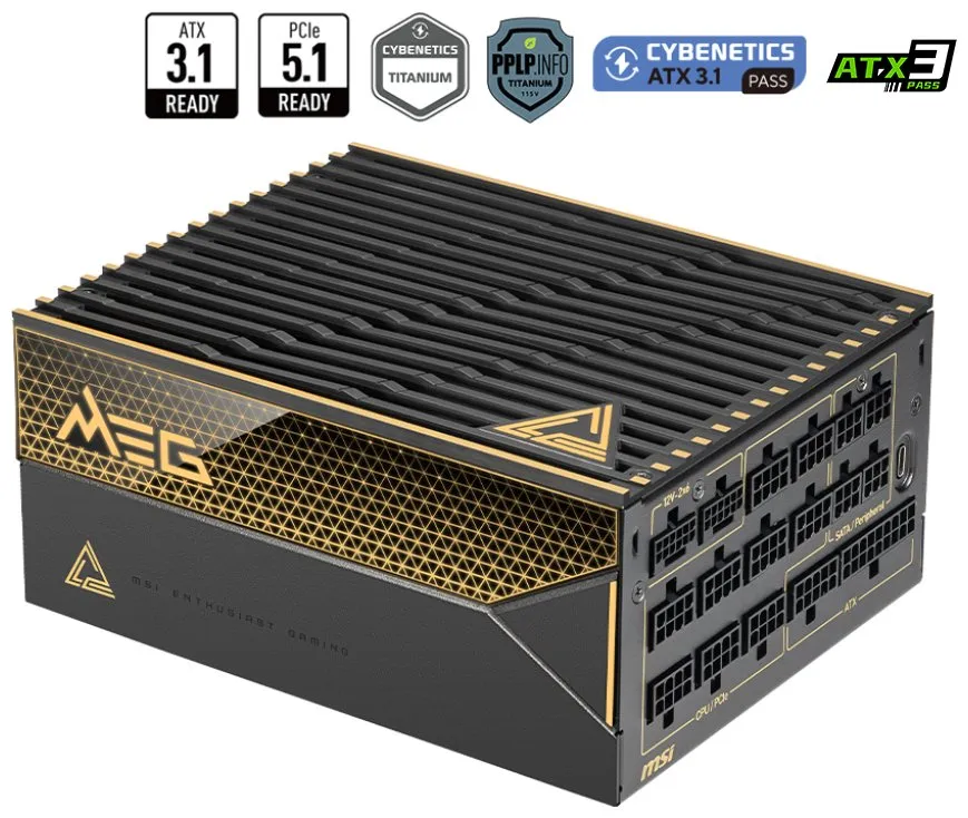 MSI zdroj MEG Ai1600T PCIE5/ 1600W/ ATX3.1/ akt. PFC/ 12 let celk. záruka/ 135mm fan/ modulární kabeláž/ 80PLUS Titanium