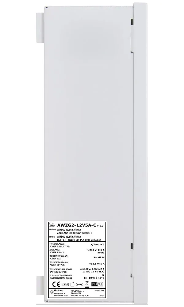 PULSAR AWZG2-12V5A-C zálohovaný napájecí zdroj dle EN50131-6 stupeň 2, 13,8V/5A/17Ah