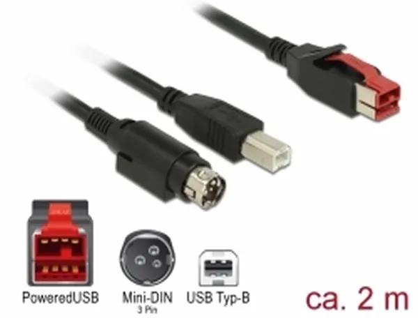 Delock PoweredUSB kabel samec 24 V > USB Typ-B samec + Hosiden Mini-DIN 3 pin sa