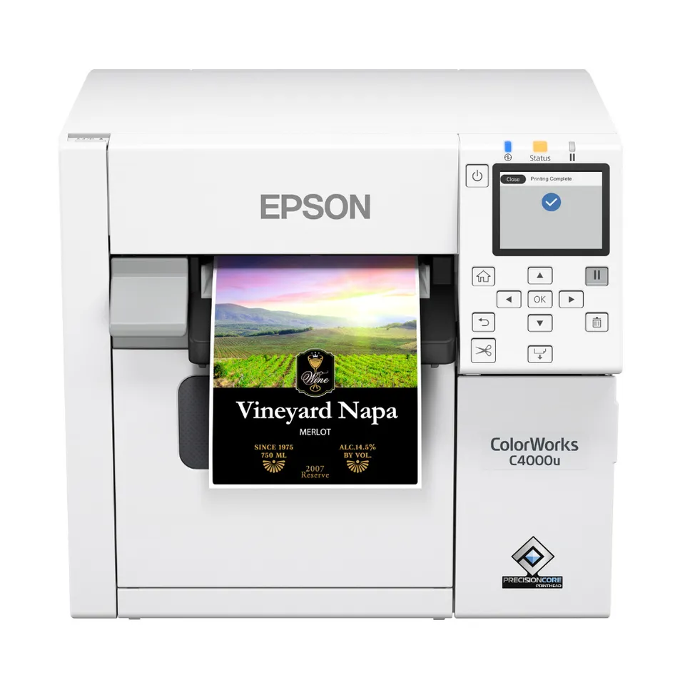 Epson ColorWorks CW-C4000e (BK) – stolní barevná tiskárna štítků, lesklá černá, řezačka, 1 200 dpi