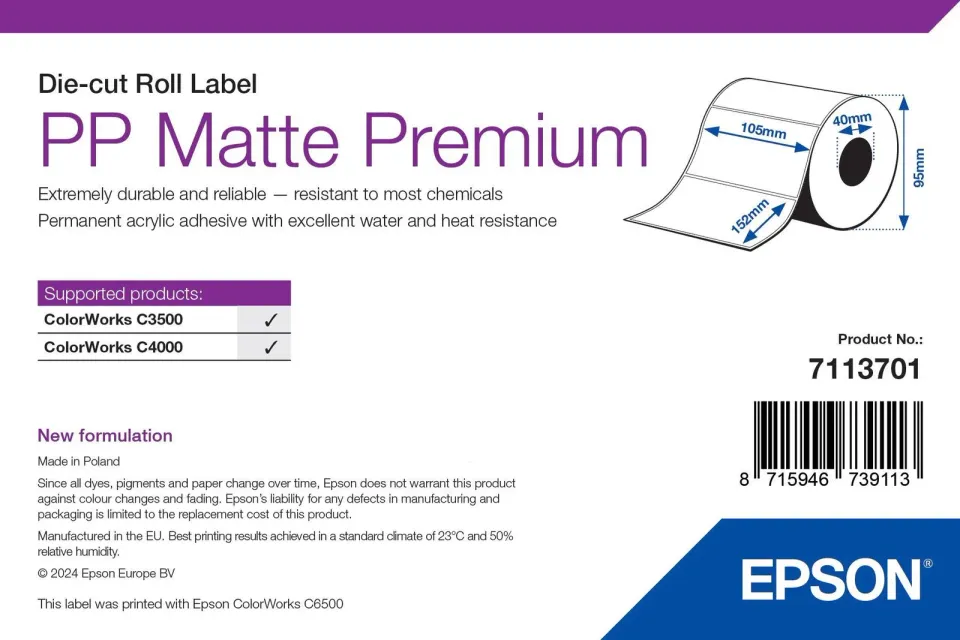 EPSON PP Matte Label Premium, Die-cut Roll, 105mm x 152mm, 185 Labels