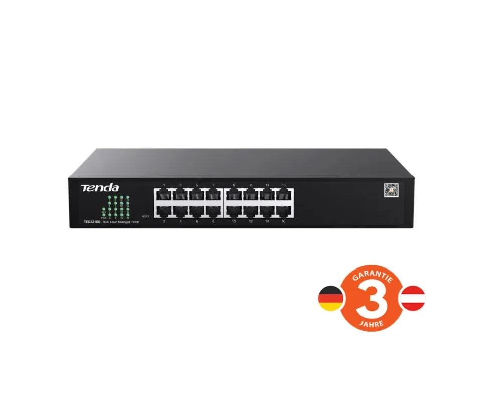 Tenda TEG2216D Websmart L2 cloud managed switch, 16x 10/100/1000 Mbps, Kov, Fanless-bez ventilátorů