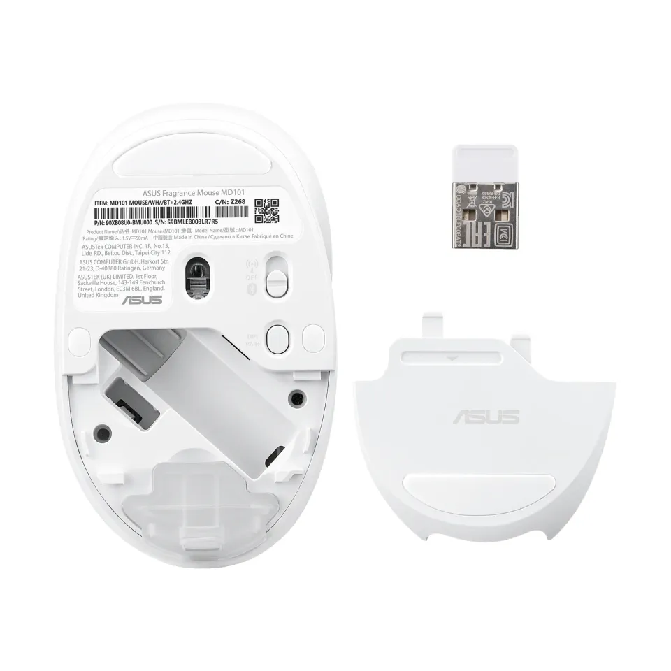 ASUS Fragrance Mouse MD101/Ergonomická/Optická/2 400 DPI/USB+BT/Bílá