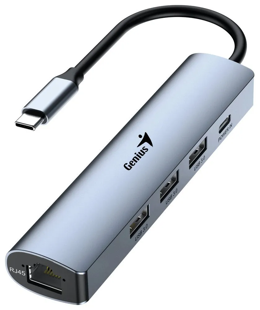 Genius UH-545 USB Hub, externí, USB-C na 3× USB 3.0, 1× USB-C, RJ-45 Gigabit Eth