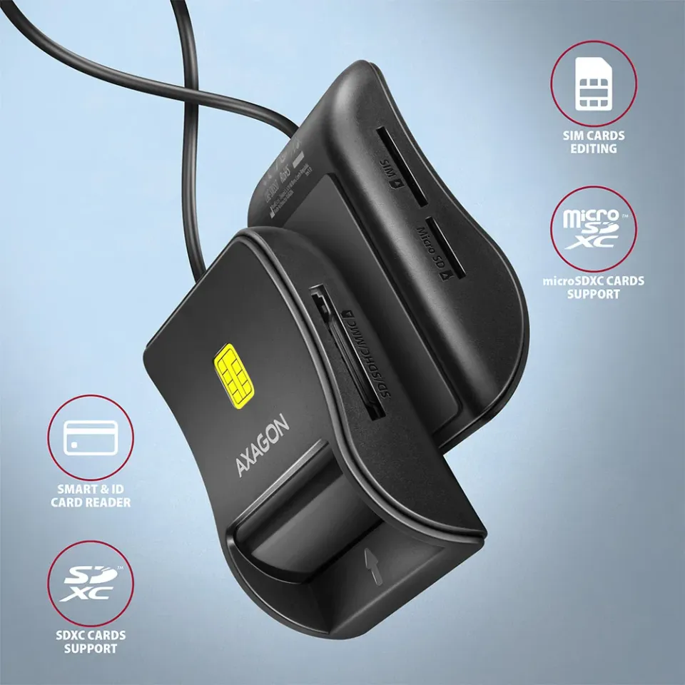 AXAGON CRE-SM3SD, USB-A FlatReader 4-slot čtečka Smart card (eObčanka) + SD/micr