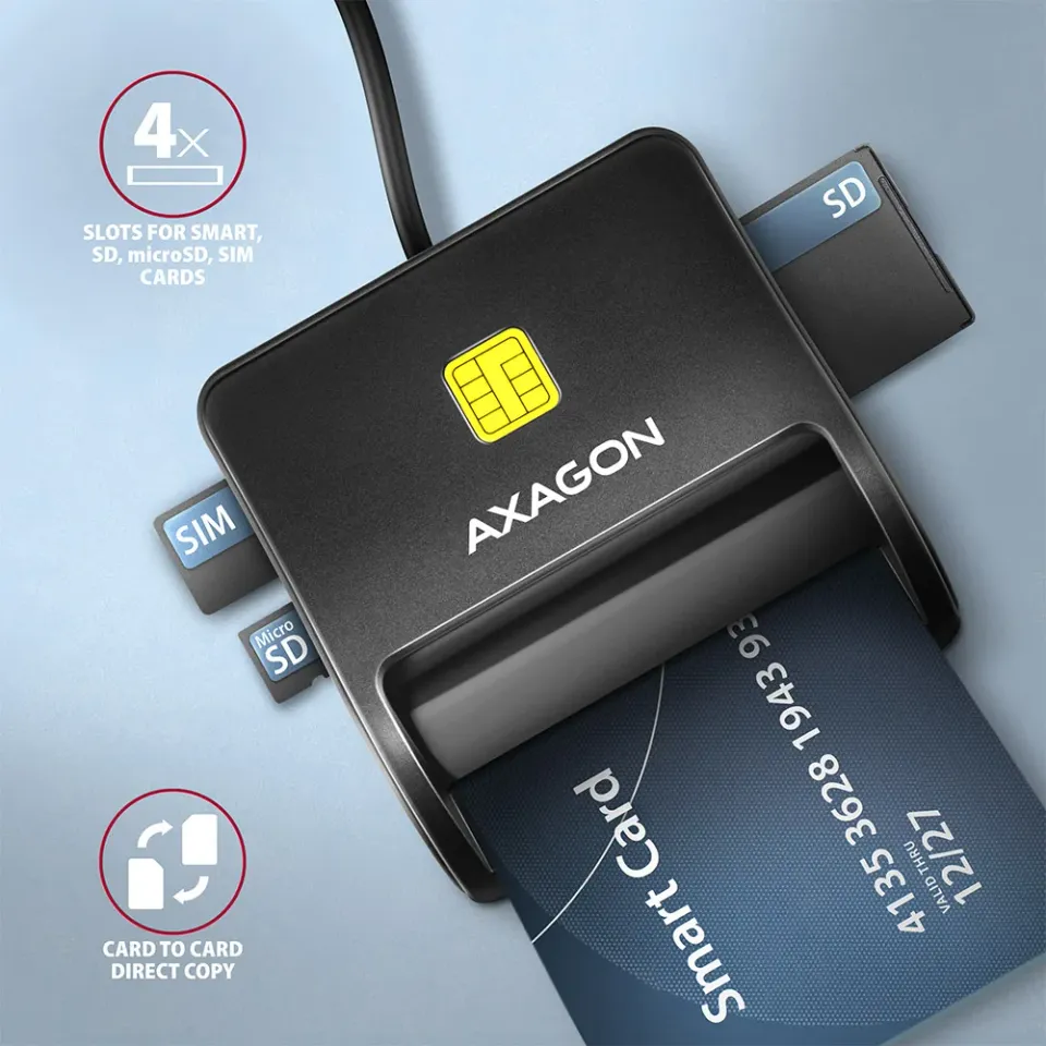 AXAGON CRE-SM3SD, USB-A FlatReader 4-slot čtečka Smart card (eObčanka) + SD/micr