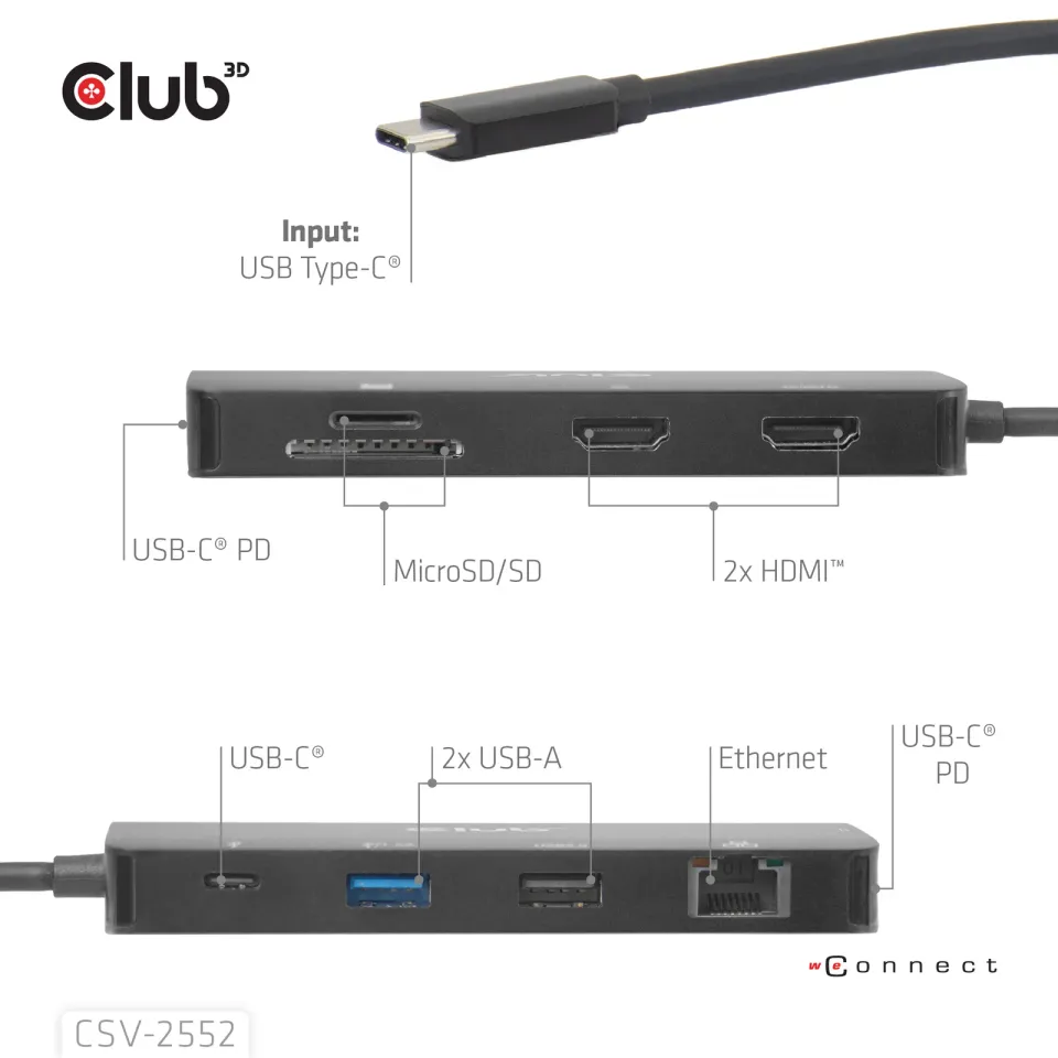Club3D Dokovací stanice USB-C 9v1, 2xHDMI, 1xUSB-C, 1xUSB-C PD, 2xUSB, 1xRJ45, microSD/SD, černá