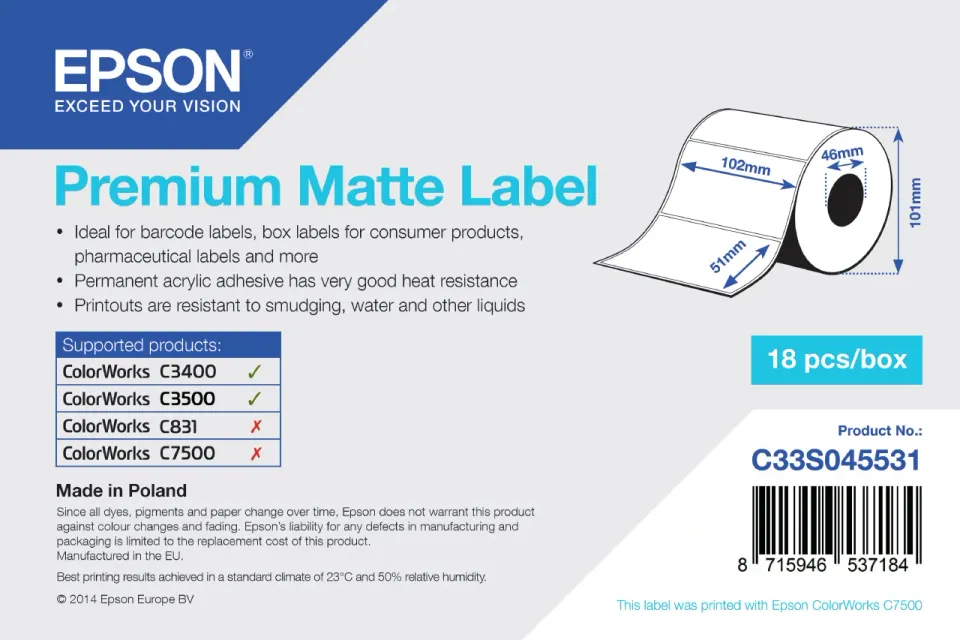 EPSON Premium Matte Label - Die-cut Roll: 102mm x 51mm, 650 labels