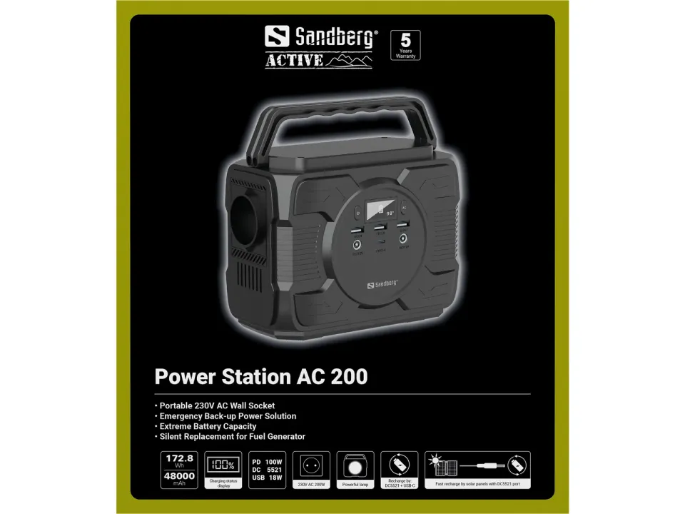 Sandberg Power Station AC 200 - mobilní zdroj nabíjení, nabíjecí stanice černá