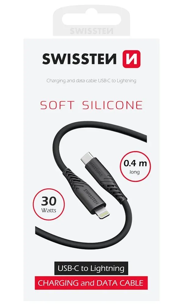 SWISSTEN DATOVÝ KABEL SOFT SILICONE USB-C / LIGHTNING 0,4 M ČERNÝ