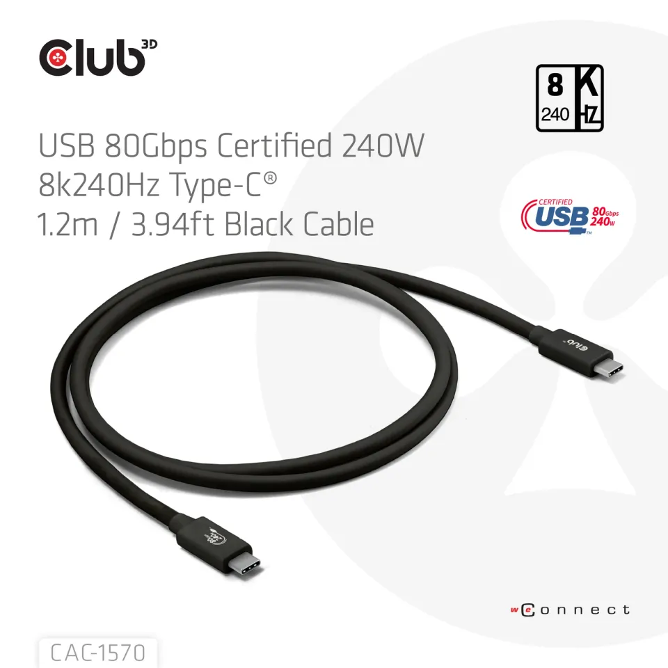 Club3D Kabel USB4 v2 Typ-C, 80Gbps, Certifikovaný kabel, 4K540Hz, 8K240Hz, 16K60Hz, PD 240W, 1,2m