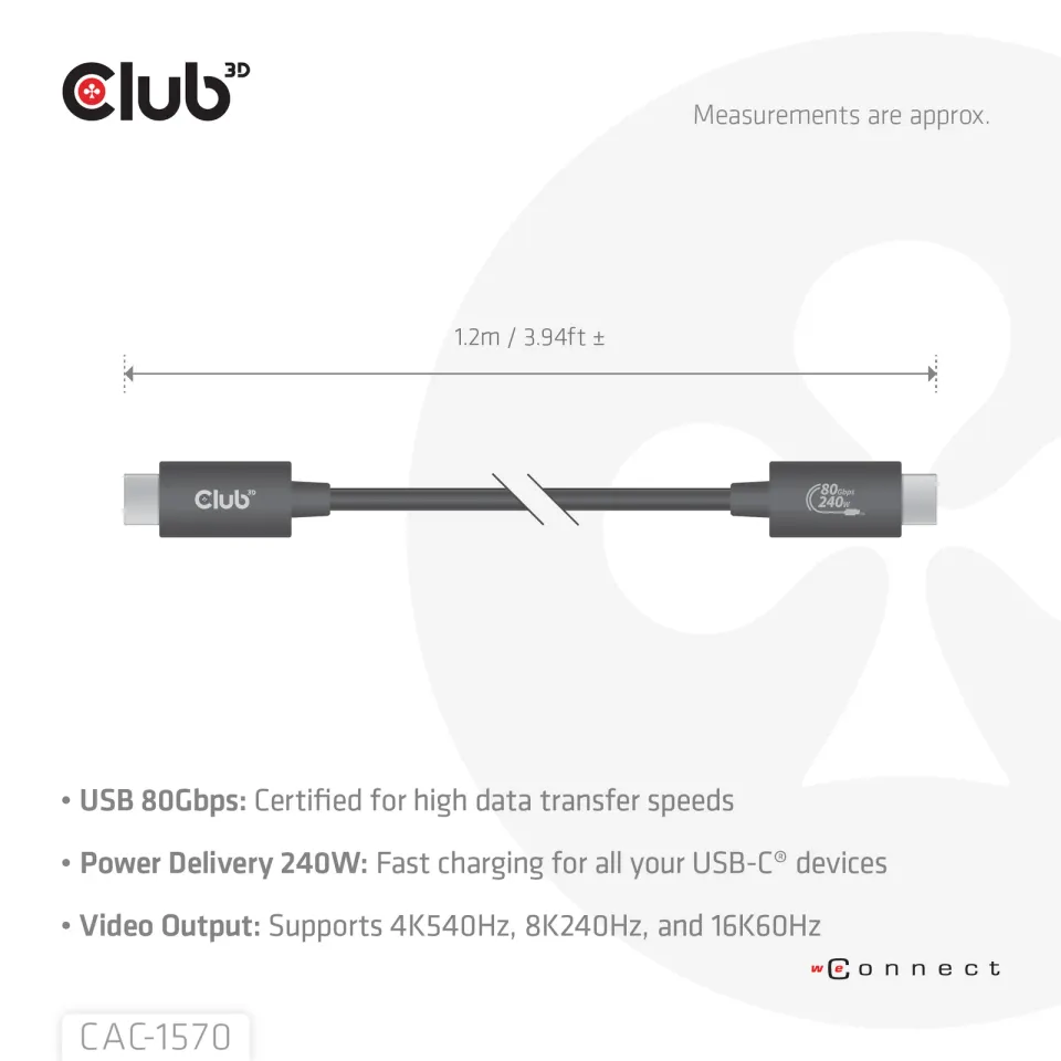 Club3D Kabel USB4 v2 Typ-C, 80Gbps, Certifikovaný kabel, 4K540Hz, 8K240Hz, 16K60Hz, PD 240W, 1,2m