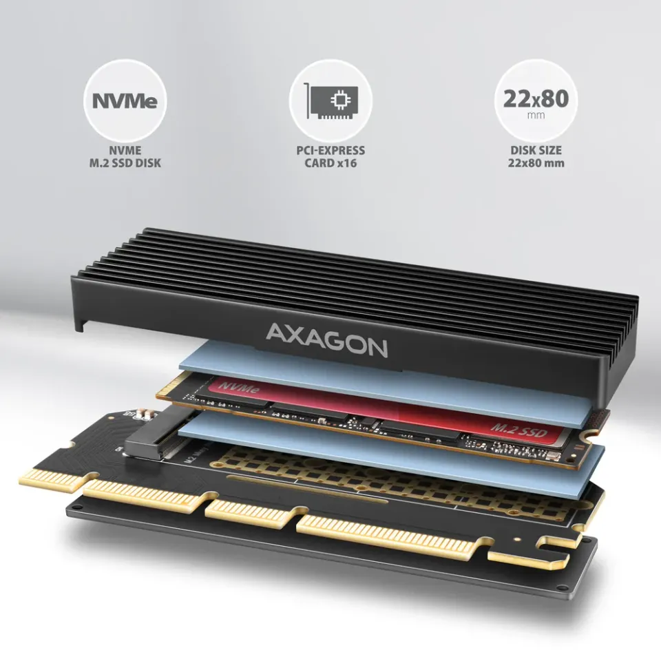 AXAGON PCEM2-XS, PCIe x16 - M.2 NVMe M-key slot adaptér, kryt s chladičem pro pa