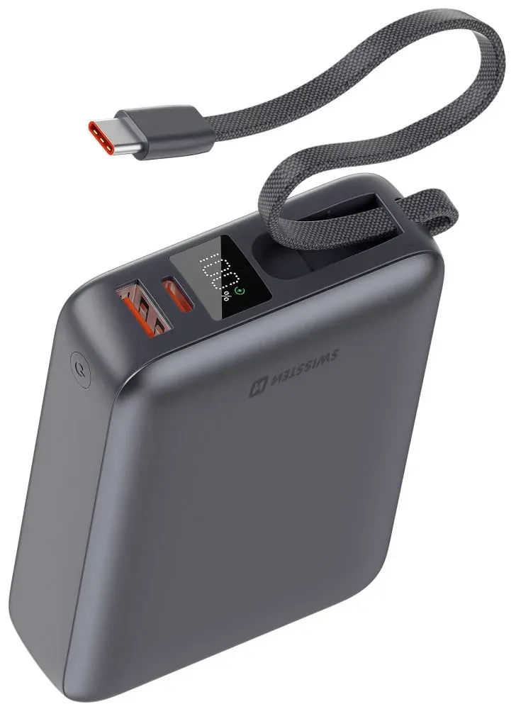 Swissten Power bank 20000 mAh 45W s integrovaným kabelem USB-C / šedá