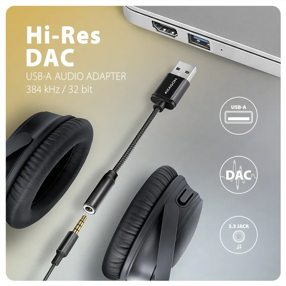 AXAGON ADA-HA, USB-A na 3.5mm jack Hi-Res DAC audio adaptér, 384kHz/32bit, stere